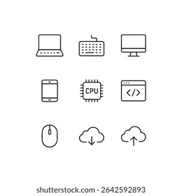 Conjunto de 9 Ícones de Computador e Tecnologia - Símbolos Vetoriais de Dispositivos, Hardware e Tecnologia Digital. Estilo de ilustração de linha simples.