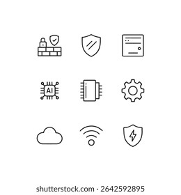 Set of 9 Computer and Technology Icons – Vector Symbols of Devices, Hardware, and Digital Tech. Simple line illustration style.