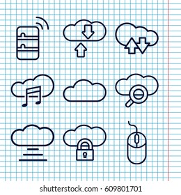 Set of 9 computing outline icons such as mouse, music cloud, cloud