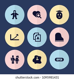 Set of 9 concept filled icons such as baby, resume, heart search, open, graph, wall clock, couple with newborn, graduate emoji