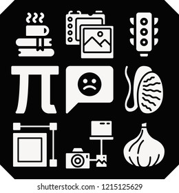 Set of 9 concept filled icons such as photo camera, testis, transfer, , garlic, traffic light, feedback, pi