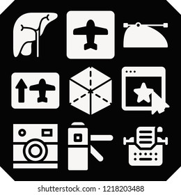 Set of 9 concept filled icons such as liver, cube, , access, rating, airport, camera