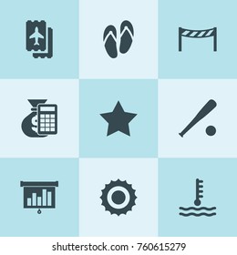 Set of 9 concept filled icons such as sun, ticket, car temperature, chart, road barrier, star, baseball, money calculation
