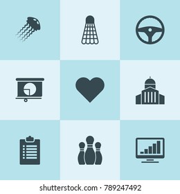 Set of 9 concept filled icons such as pie chart, steering wheel, heart, graph on display, clipboard, bowling, shuttlecock, jellyfish