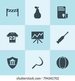 Set of 9 concept filled icons such as sickle, pear, sertificate, bank insurance, road barrier, screwdriver, ball, line graph on board