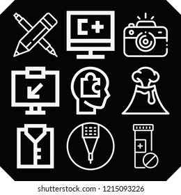 Set of 9 concept outline icons such as camera, pencil, volcano, vitamin, charts, shirt, head