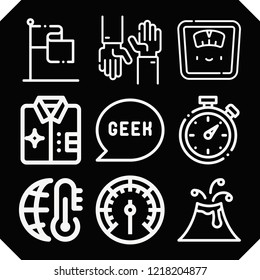 Set of 9 concept outline icons such as timer, gps, global warming, shirt, volcano, geek, gauge, scale