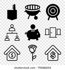 Set of 9 conceptual filled and outline icons such as office room, piggy bank, target, bbq, rose, structure, buying a house, house sale