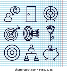 Set of 9 conceptual outline icons such as door, target, structure, piggy bank, rose, arrows in target