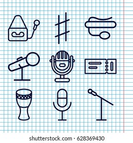 Set of 9 concert outline icons such as ticket, microphone, pin microphone, musical sharp