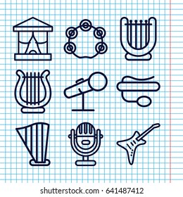 Set of 9 concert outline icons such as pin microphone, harp, guitar, tambourine, microphone