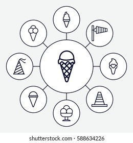 Set of 9 cone outline icons such as wind cone, cone, ice cream