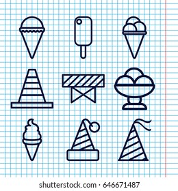 Set of 9 cone outline icons such as barrier, cone, ice cream