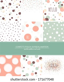 A set of 9 Confetti, Polka Dot and Dalmatian seamless patterns and greeting cards with space for your text. Pastel trendy style. 