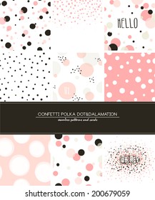 A set of 9 Confetti, Polka Dot and Dalmatian seamless patterns and greeting cards with space for your text. Pastel trendy style. 