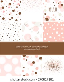 Ein Satz von 9 Confetti, Polka Dot und Dalmatian nahtlose Muster und Grußkarten mit Platz für Ihren Text. Pastellfarbener Stil. 