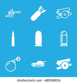 Set Of 9 Conflict Filled And Outline Icons Such As Rocket Bomb, Cannon, Bullet, Tank