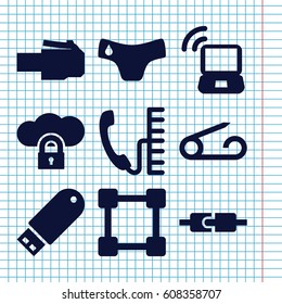 Set of 9 connect filled icons such as pin, children panties, flash drive, laptop signal, phone, cloud protection, network connection, phone cable