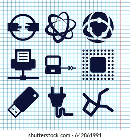 Set of 9 connect filled icons such as laptop connection, usb drive, chip, plug, network connection, phone connection cable
