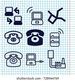 Set of 9 connect filled and outline icons such as desk phone, laptop connection, laptop signal, server, network connection