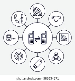 Set of 9 connect outline icons such as laptop connection, connection, children panties, wi-fi, connected phone, flash drive, signal