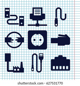 Set of 9 connector filled icons such as wire, plug socket, phone cable, phone connection cable