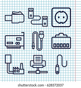 Set of 9 connector outline icons such as wire, plug socket, phone cable, phone connection cable