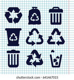 Set of 9 conservation filled icons such as recycle bin, recycle, trash bag