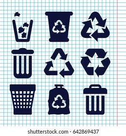 Set of 9 conservation filled icons such as recycle bin, trash bag, trash bin