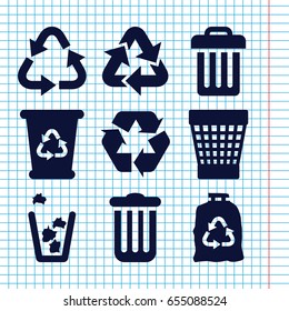 Set of 9 conservation filled icons such as recycle bin, recycle, trash bag