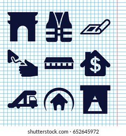 Set of 9 construction filled icons such as truck crane, plan, arc de triomphe, barn, trowel, home, life vest, bank