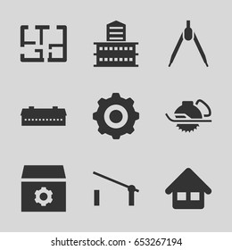 Set of 9 construction filled icons such as barn, barrier, building, gear