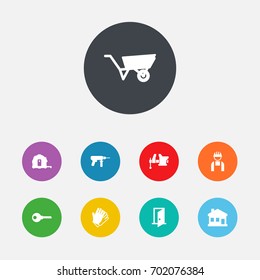 Set Of 9 Construction Icons Set. Collection Of Clamp, Gauntlet And Other Elements.
