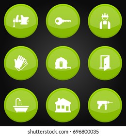 Set Of 9 Construction Icons Set.Collection Of Worker, Gauntlet, Protection And Other Elements.