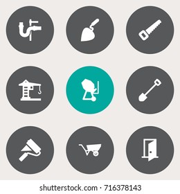 Set Of 9 Construction Icons Set.Collection Of Hacksaw, Pipeline, Bricklayer And Other Elements.