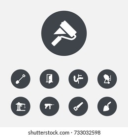 Set Of 9 Construction Icons Set.Collection Of Electric Screwdriver, Spade, Entrance And Other Elements.
