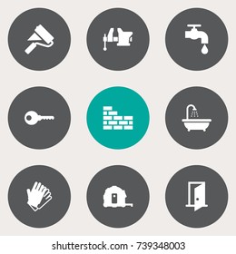 Set Of 9 Construction Icons Set.Collection Of Paint Roller, Gauntlet, Faucet And Other Elements.