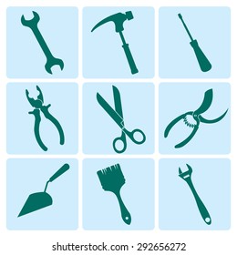 Set of 9 construction tools monochromatic vector icons