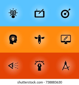Set Of 9 Constructive Icons Set.Collection Of Gadget, Look, Compass And Other Elements.