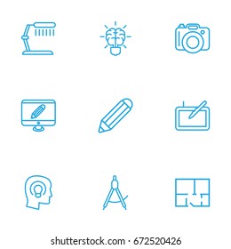 Set Of 9 Constructive Outline Icons Set.Collection Of Table Lamp, Monitor, Graphic Tablet And Other Elements.