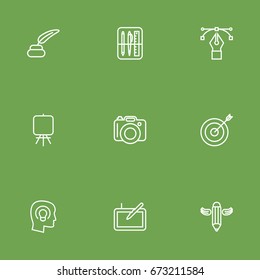 Set Of 9 Constructive Outline Icons Set.Collection Of Inkwell With Pen, Graphic Tablet, Writing And Other Elements.