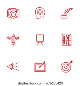 Set Of 9 Constructive Outline Icons Set.Collection Of Drawing Tools, Graphic Tablet, Dslr Camera And Other Elements.