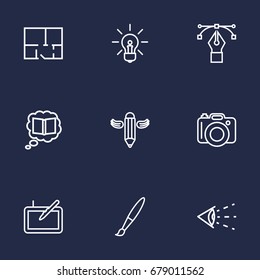 Set Of 9 Constructive Outline Icons Set.Collection Of Knowledge, Dslr Camera, Graphic Tablet And Other Elements.