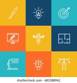 Set Of 9 Constructive Outline Icons Set.Collection Of Monitor, Paintbrush, Table Lamp And Other Elements.