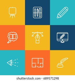 Set Of 9 Constructive Outline Icons Set.Collection Of Property Plan, Drawing Tools, Vision And Other Elements.