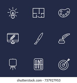 Set Of 9 Constructive Outline Icons Set.Collection Of Monitor, Target, Inkwell With Pen And Other Elements.