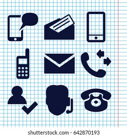 Set of 9 contact filled icons such as mail, call, phone, desk phone, letter, message on phone, add user