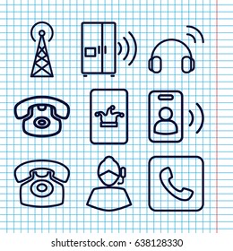 Set of 9 contact outline icons such as signal tower, poker on phone, call, desk phone, intercom, headset