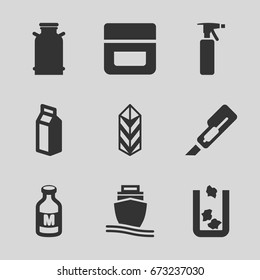  set of 9 container filled icons such as canister, trash bin, spray bottle, cream, cutter, milk, cargo