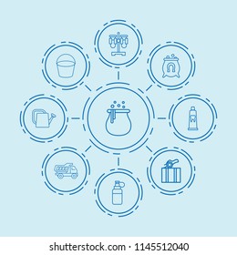 Set of 9 container outline icons such as watering can, tipper, bucket, cauldron with horseshoe, cauldron, test tube, tooth paste, packaging